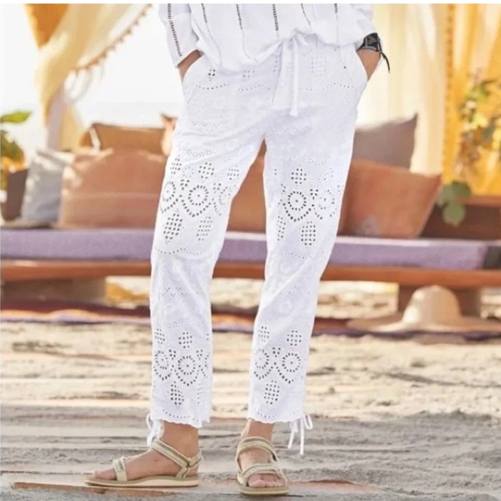 White Cropped Lace Pants with Eyelet Design